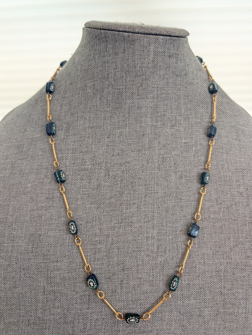 Vintage Gold Tone Bar Chain Polymer Clay Retro Boho Hippie Layering Necklace